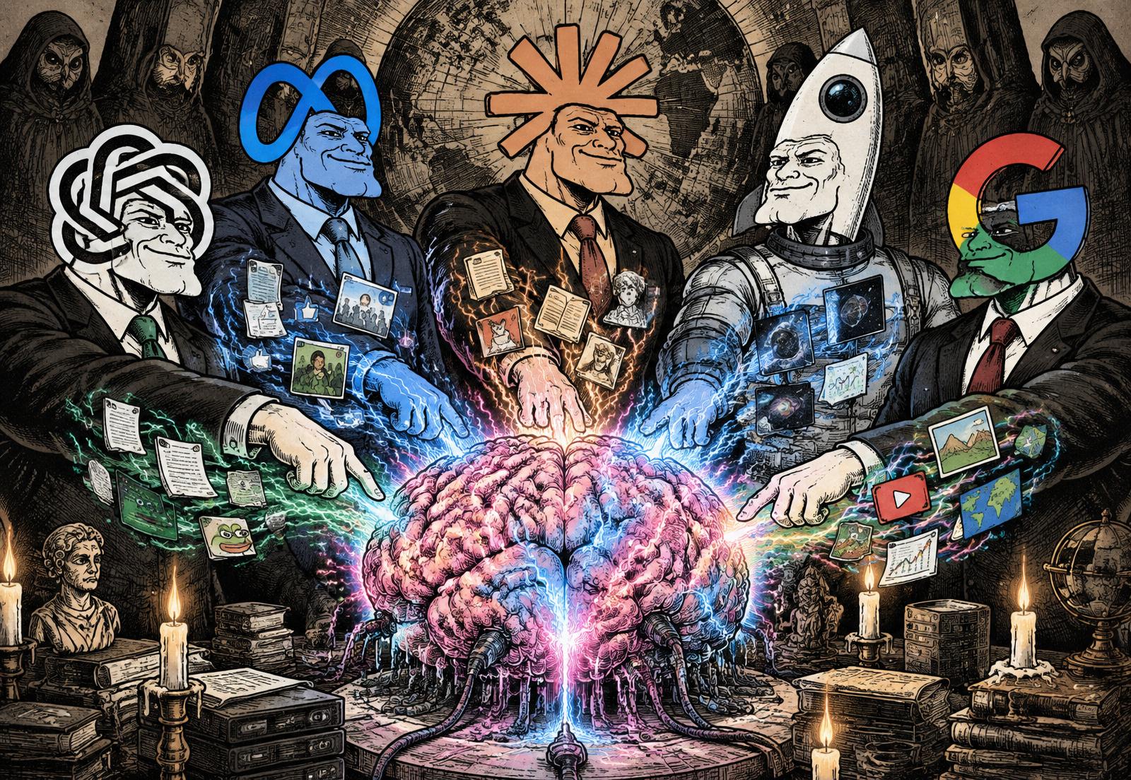Five corporate AI chads feeding intelligence into one glowing brain